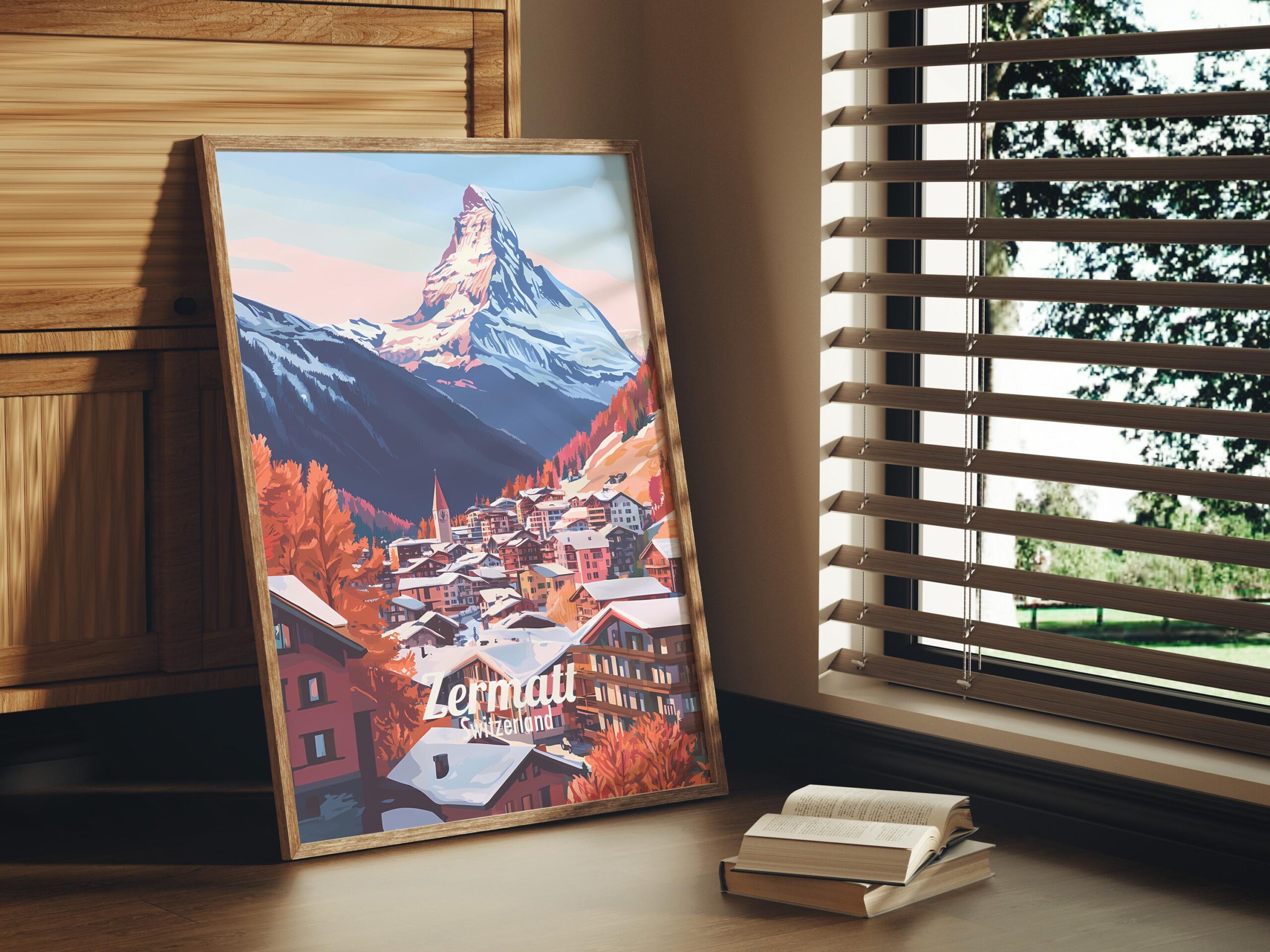 Print Zermatt Matterhorn Poster Switzerland Alpine Peaks Wall Decor Swiss Alps Art Print Winter Adventure Ski Town