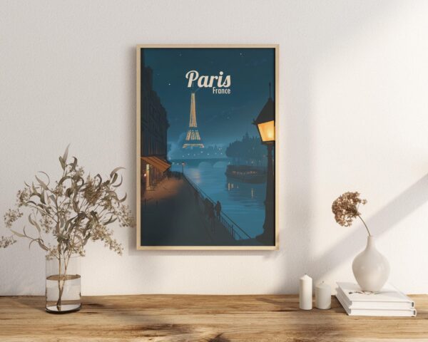 Print Paris Eiffel Tower Poster France Night Lights Wall Decor Romantic Cityscape Art Print Seine River Europe Boat print