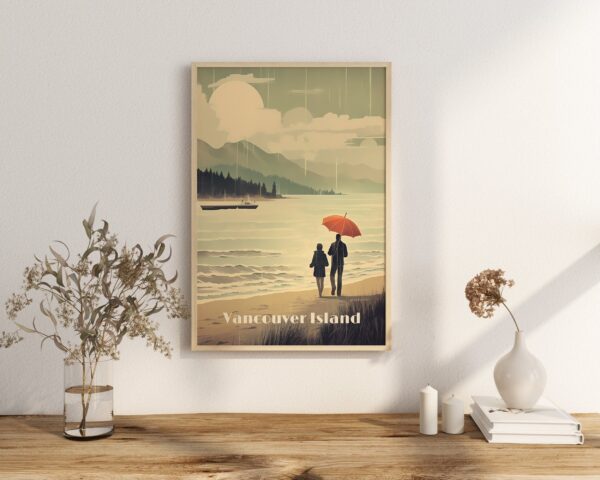 Print Vancouver Island Poster British Columbia Poster Rain and Umbrella Wall Decor Beach Strait View Art Print Canada